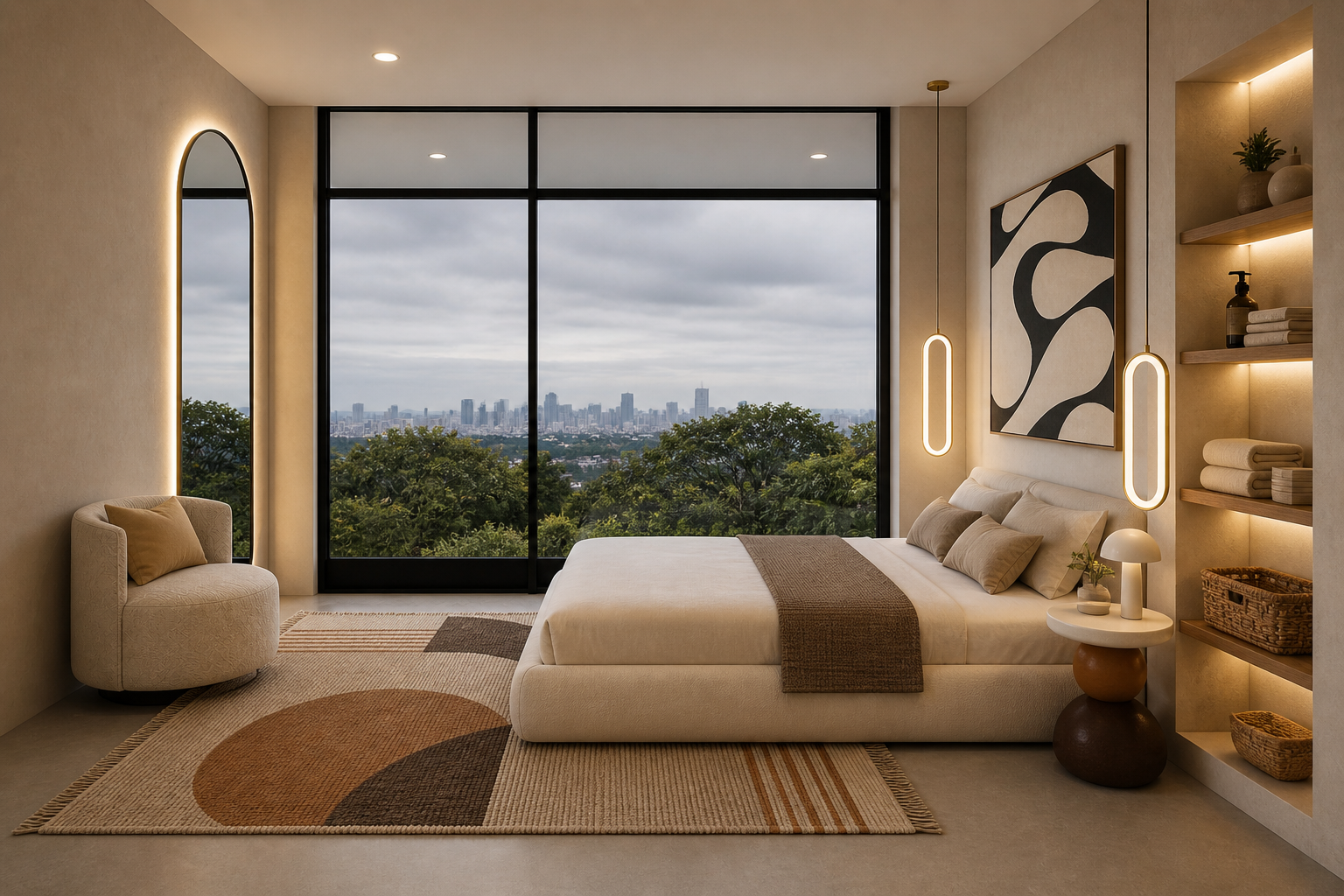 Bedroom with arched mirror, abstract artwork and cityscape view