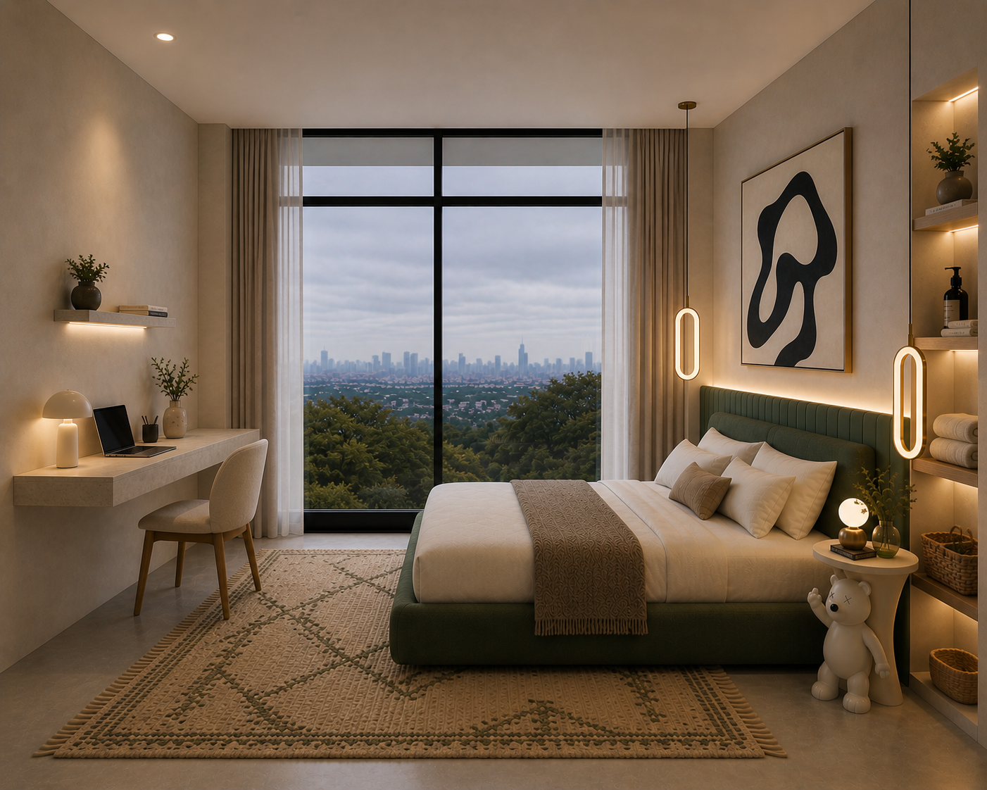 Warm bedroom with sage headboard and floor-to-ceiling glazing onto the jungle