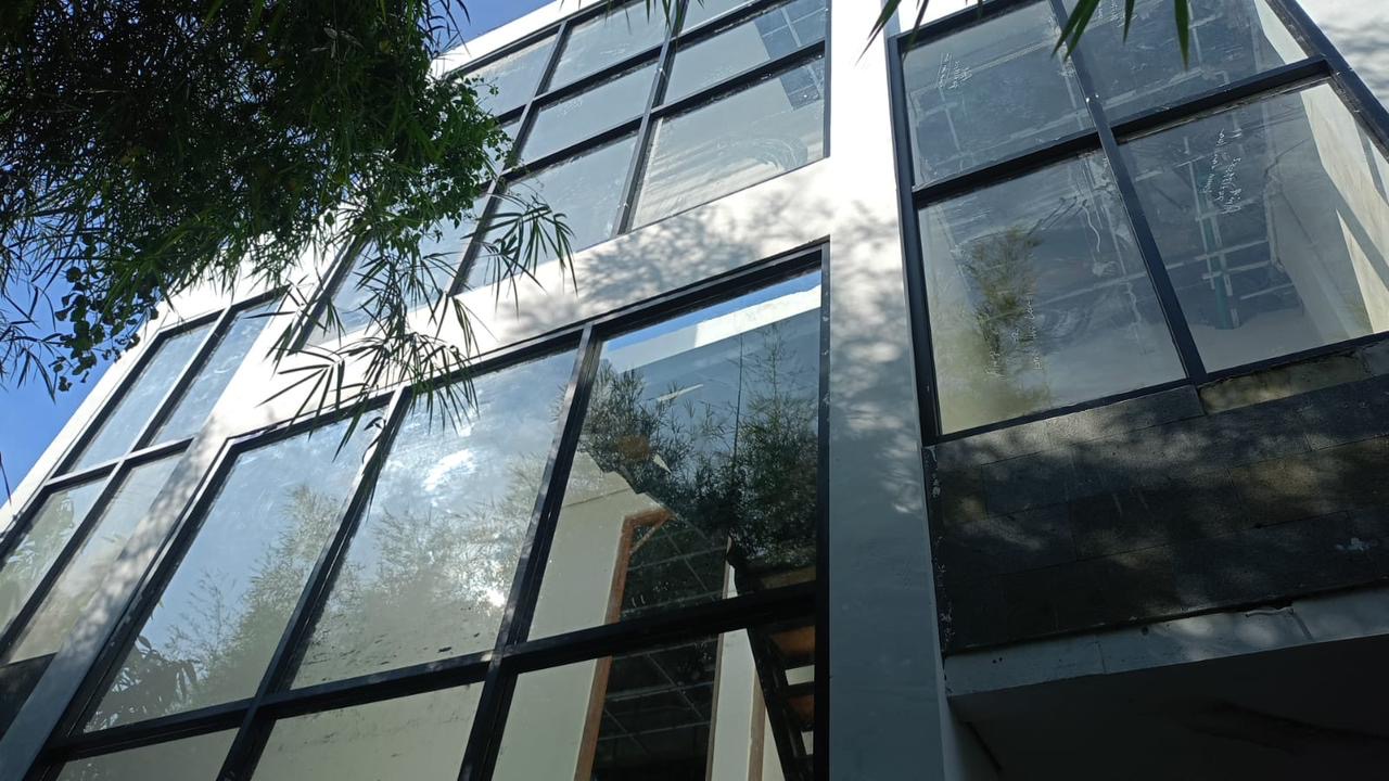 Real on-site photo — black-framed steel glazing installed on a Shakiro villa, framed by tropical foliage