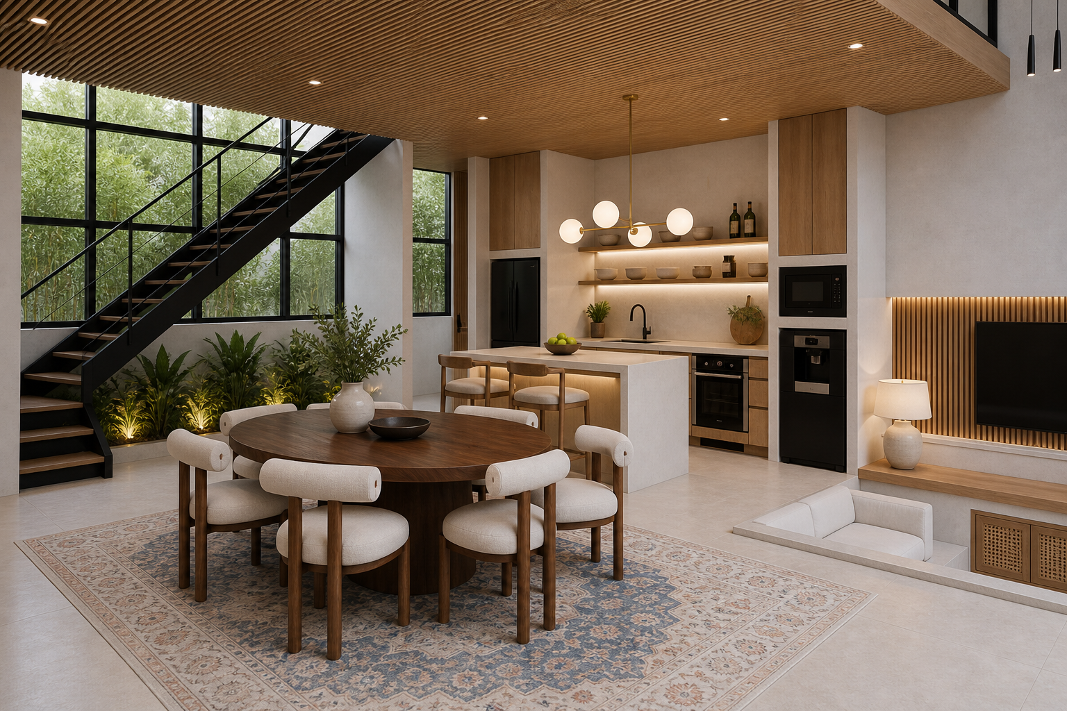 Open-plan dining and terrazzo island kitchen with slatted teak ceiling