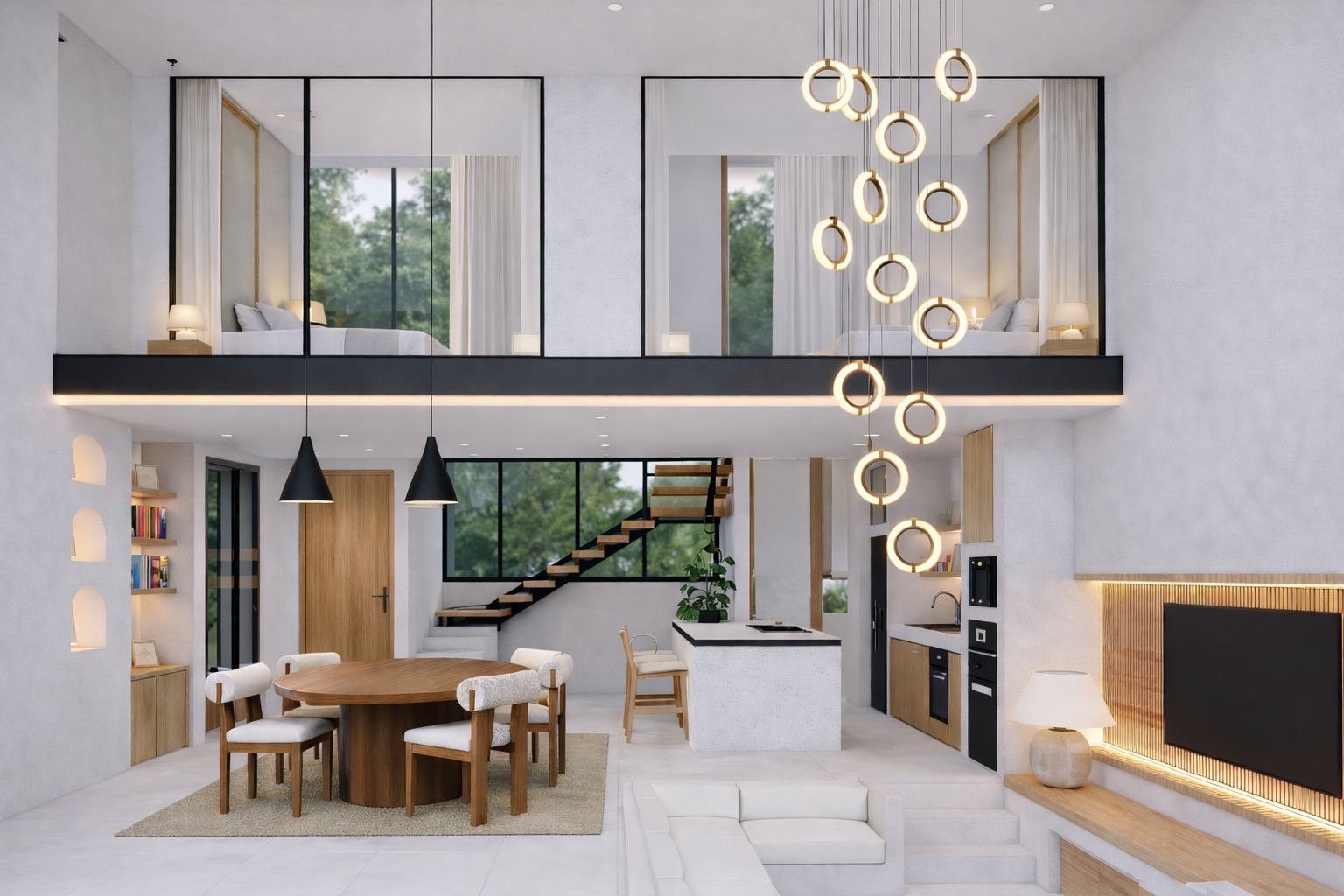 Double-height mezzanine living room with dining, stairs, and full-glass rear elevation onto the garden