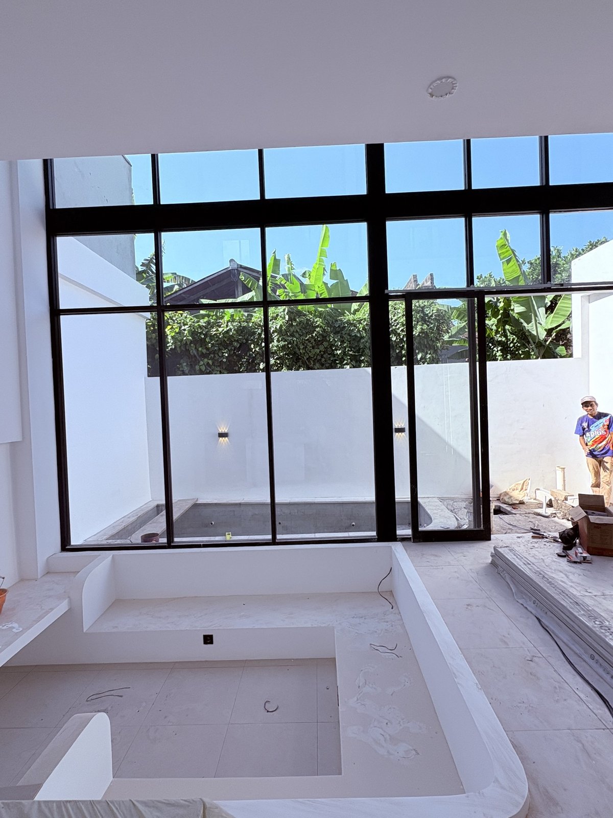 On site: plunge pool and garden seen through the living room's black-framed glazing
