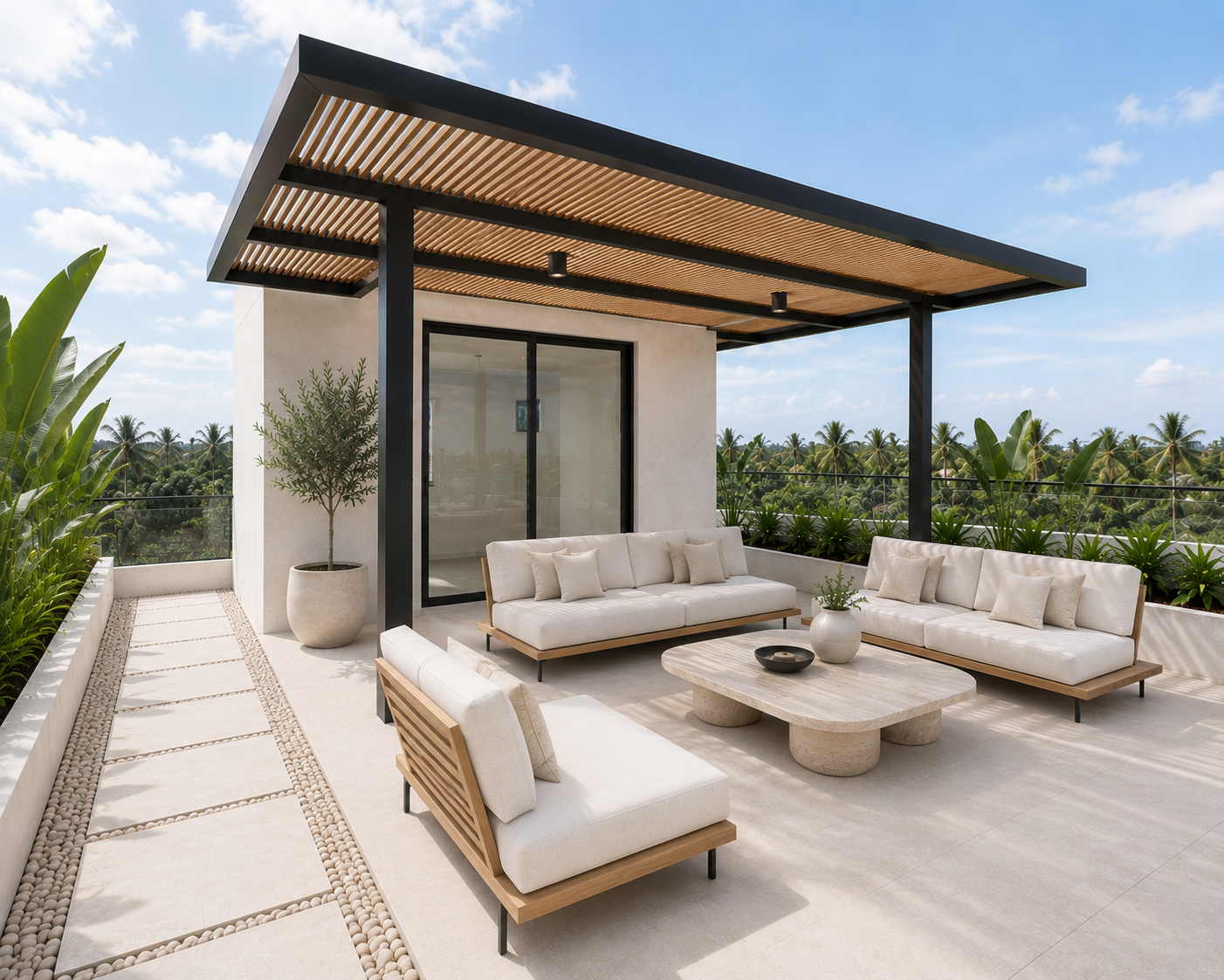 Rooftop terrace with timber pergola and sunset views over Pererenan